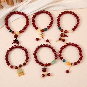 Bracelets en agate rouge de style chinois avec breloques lotus Ruyi et têtes de lion