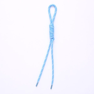 Light blue woven Roman knot keychain strap for bags and cameras with white accents