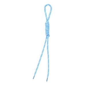 Blue and white woven rope phone strap with Roman knot detail on white background