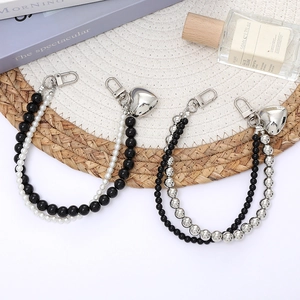 Korean Style Artificial Pearl Beaded Phone Charm Double Chain Heart Pendant Bag Accessory For Women Fashion INS Jewelry Gift
