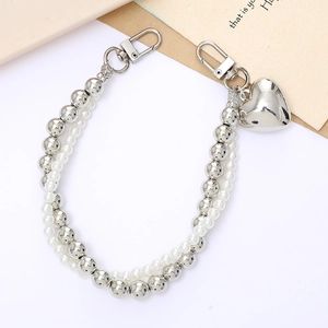 Dual layer pearl and silver bead chain with heart pendant for bags or phones
