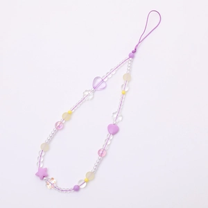 Beaded purple acrylic heart and star mobile phone lanyard strap for women
