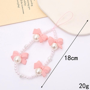 Pink bow and pearl beaded phone strap with 18cm length and 20g lightweight design