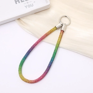 Luxury rainbow crystal rhinestone chain lanyard for phone or keys with silver ring clasp