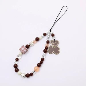 Cute bear acrylic beaded phone charm strap with strawberry bear pendant for women