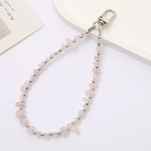 Pink natural crystal stone phone charm with silver beads and metal lobster clasp