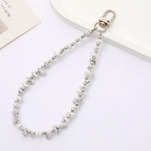 Natural white marble stone beaded phone strap with silver beads and lobster clasp