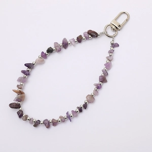 Handmade purple natural amethyst stone phone charm and keychain with silver metal beads