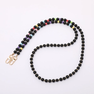 Beaded crossbody phone strap with black matte beads and colorful smiley face charms