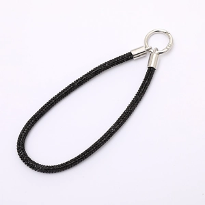 Elegant black rhinestone chain mobile strap with silver spring ring clasp accessory