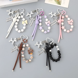 Fashion Leather Rope Acrylic Beaded Keychain Heart Alloy Balloon Dog Bow Bag Charm Rhinestone Artificial Pearl Pendant