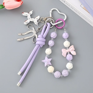 Purple acrylic beaded keychain with silver balloon dog charm and woven leather rope strap