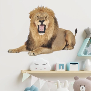 Sticker mural lion réaliste pour chambre d'enfant avec motif de lion rugissant