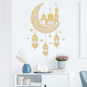 Golden mirror acrylic Islamic wall stickers with moon and mosque for Ramadan home decor