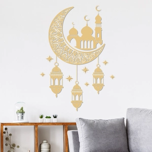 Golden Ramadan moon and castle wall sticker set for elegant Islamic home decor