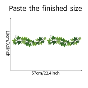 Detailed view of ivy leaf wall stickers with precise size measurements in inches and cm