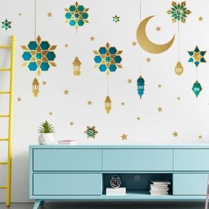 Detail of Eid Moon and Star wall decals in gold and teal for home festive decor