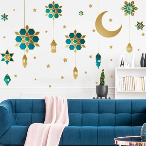 Eid Mubarak gold and teal wall stickers featuring moon and star decorations for living rooms