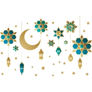 Eid Ramadan wall stickers with golden crescent moon lanterns and blue floral patterns