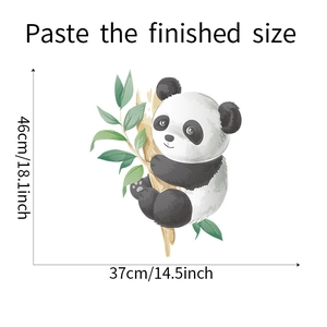 Detail showing hand-painted watercolor panda on tree wall sticker with size measurements