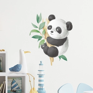 Cartoon panda climbing tree wall sticker for nursery decor in watercolor style