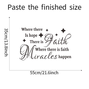 Detail showing Miracles quote wall sticker with stars in black PVC material and size info