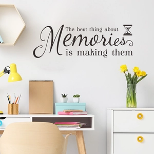 Adesivo murale moderno con citazione The Best Thing About Memories e icona clessidra