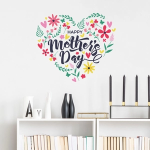 Floral heart wreath wall sticker with HAPPY Mother's Day text in cozy room interior