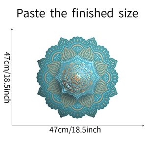 Detail of teal mandala wall sticker showing 3D geometric pattern and gold floral center