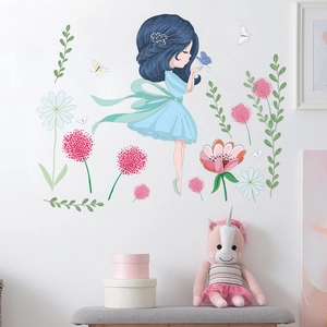 Cartoon flower fairy wall sticker with blue hair girl and floral decals for kids room