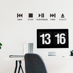 Minimalist black media control icon wall stickers on a clean white office wall