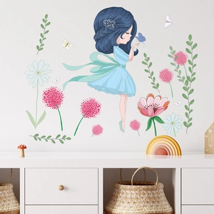 Cartoon flower fairy wall decal set with blue butterfly and floral elements for kids room