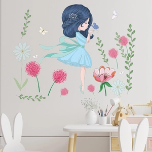 Detail of cartoon flower fairy wall sticker with blue dress girl and colorful butterflies