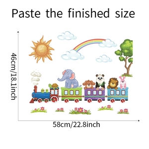 Cartoon animal train wall sticker layout showing dimensions of 46x58cm for kids room