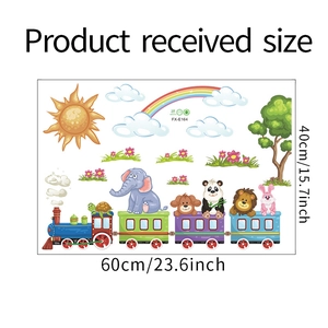 Detail view of cartoon animal train wall sticker layout measuring 60x40cm