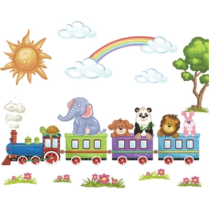 Cartoon animal train wall decals with sun, rainbow and clouds for kids room decor