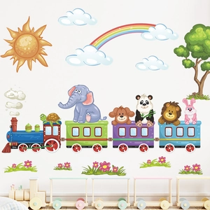 Cartoon animal train wall stickers with sun and rainbow for kids room nursery decor