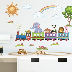 Cartoon animal train wall stickers with sun and rainbow for kids room nursery decor