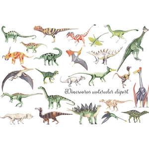 Detailed watercolor dinosaur clipart set featuring Tyrannosaurus and Triceratops