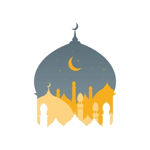 Flat vector illustration of a golden mosque silhouette with stars and moon elements