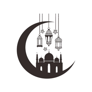 Detail of black silhouette wall sticker with moon, mosque and hanging lamps