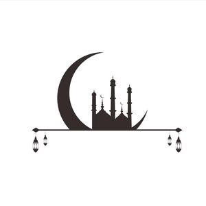 Detail of black silhouette wall sticker featuring moon, mosque, and hanging lanterns