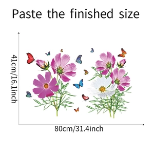 Dimensions finies du sticker mural floral avec fleurs de cosmos roses et papillons