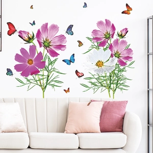 Stickers muraux fleurs de cosmos et papillons colorés pour fond de canapé de salon