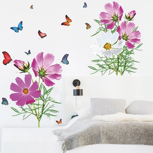 Stickers muraux fleurs de cosmos rose vif et papillons pour décoration de chambre