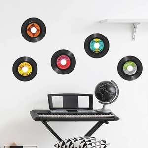 Five-piece set of vintage vinyl record wall stickers with colorful labels for home decor