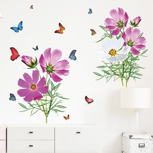 Stickers muraux fleurs de cosmos et papillons pour décor de salon et chambre