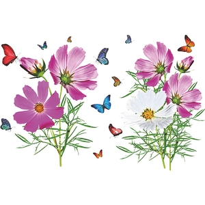 Stickers muraux fleurs de cosmos roses et papillons colorés pour décoration intérieure