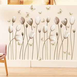 Élégants Stickers Muraux Tulipes et Papillons PVC Autocollants Décalcomanies Florales pour Salon Chambre Décoration de la Maison