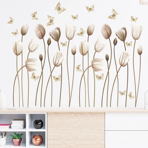 Stickers muraux minimalistes tulipes et papillons crème et or pour décor moderne